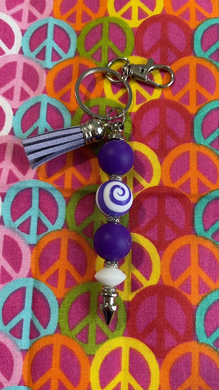 Purple and white spiral keychain Custom Handmade Bead Bar About 3" Long